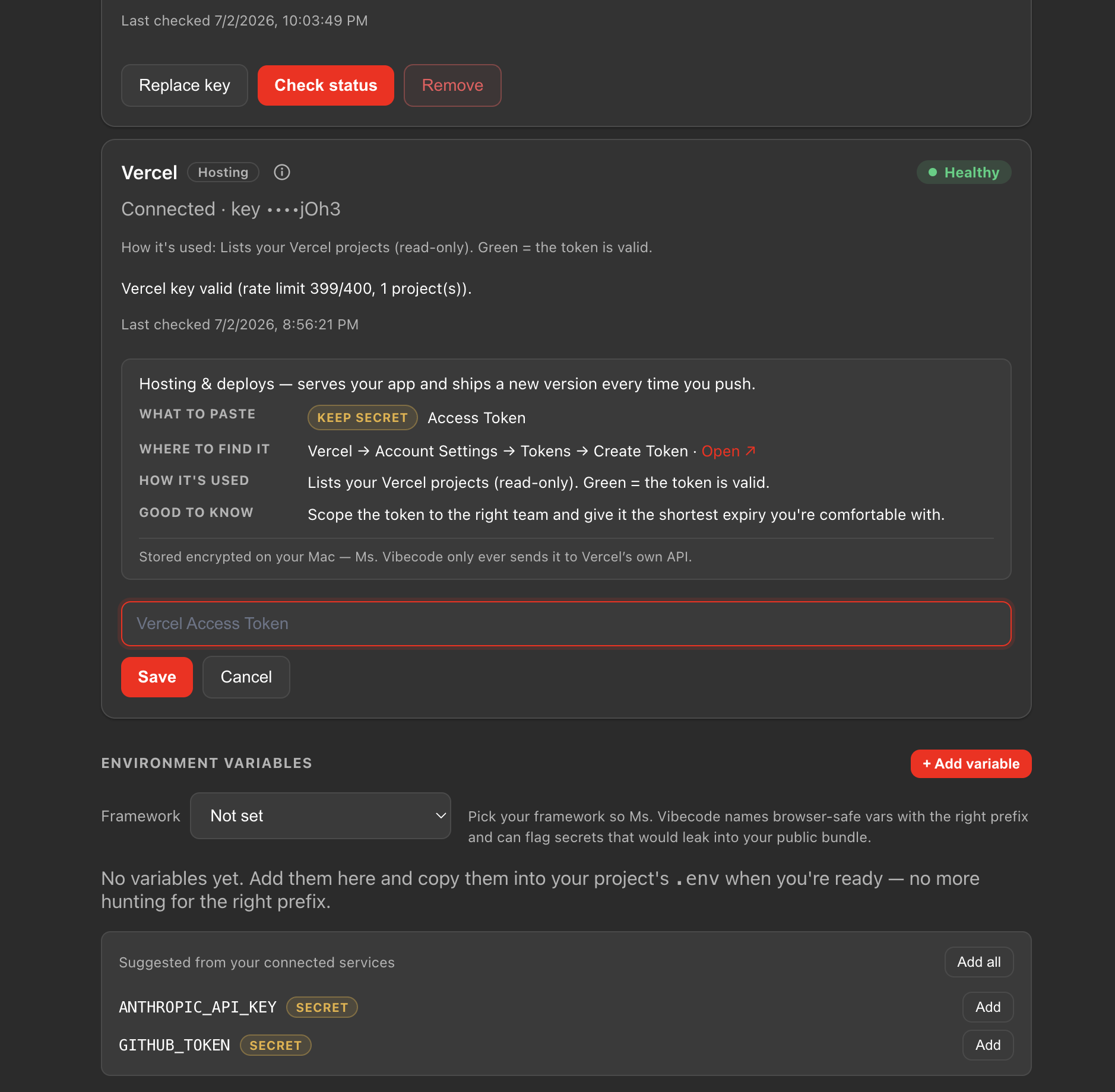 Ms. Vibecode's environment-variable check: after you pick a framework, it flags any secret wearing a browser-exposed prefix that would leak into your public bundle, and suggests browser-safe names for keys like ANTHROPIC_API_KEY and GITHUB_TOKEN.