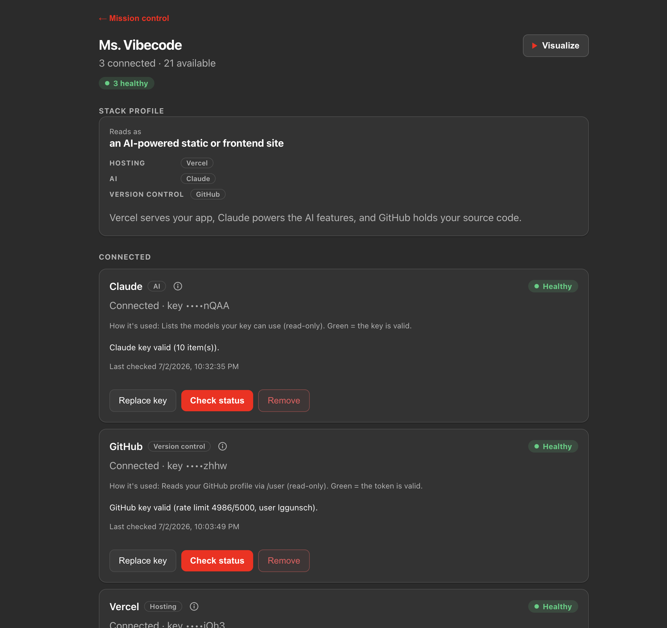 A Ms. Vibecode project view: a Stack Profile reading 'an AI-powered static or frontend site', with per-service cards showing Claude and GitHub healthy, their API keys masked to the last four characters, and a plain-language note on what each check does.